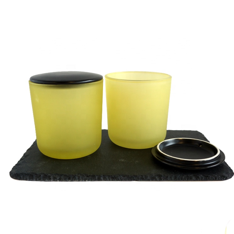 wholesale luxury frosted yellow candle jar 8oz candle tumbler with black porcelain lids, High 