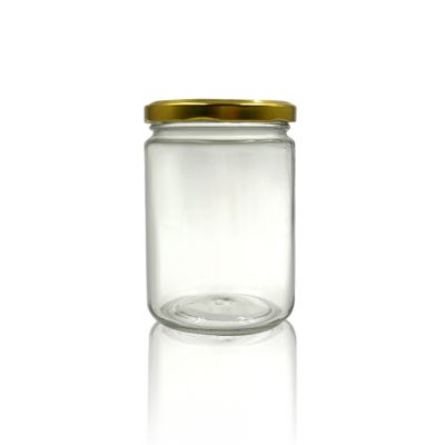 wholesale empty 500ml glass jar with gold metal lid for food, honey,pickles storage 