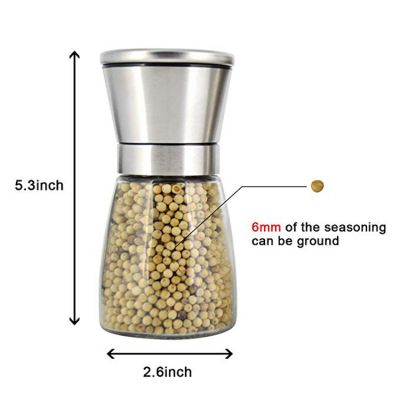 6 Oz Glass Short Body Spice Pepper and Salt Mill & Grinder with Adjustable Ceramic Rotor for Kitchen Gifts