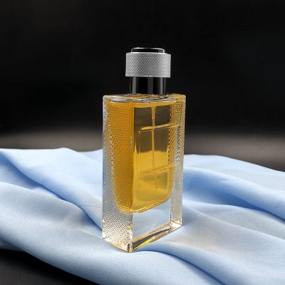 Personalized luxury rectangle 55ml glass men perfume atomizer bottle with zamak perfume bottle caps 