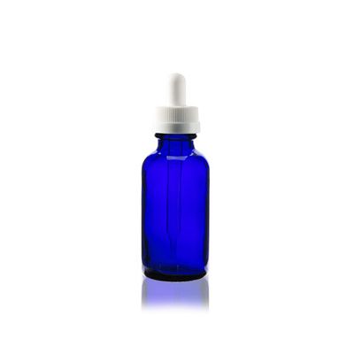 1 oz 30ml Cobalt BLUE Boston Round Glass Bottle w/ White Child Resistant Dropper 