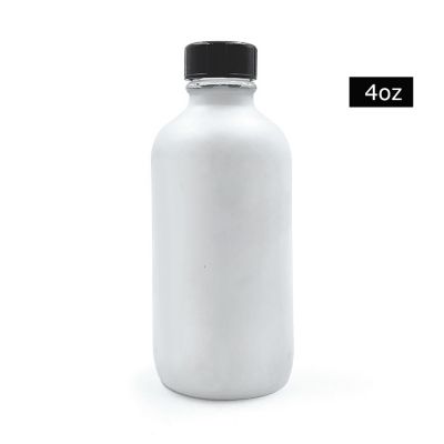 4 oz white frosted boston round glass bottles with black screw cap for personal care oil 