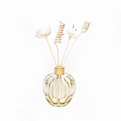 Room Decorative Vase 400ml Round Ball Shape Embossed Yellow Air Freshener Glass Perfume Diffuser Bottle 