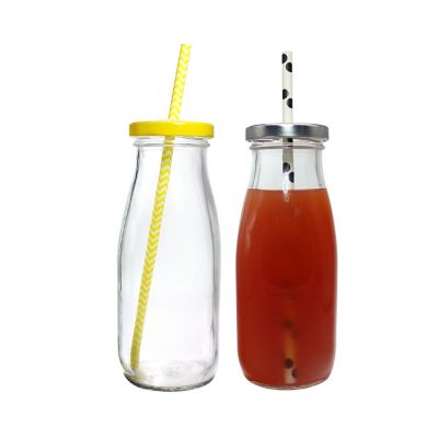 China sale glass juice milk bottle 12oz beverage glass drinking bottle with straw 