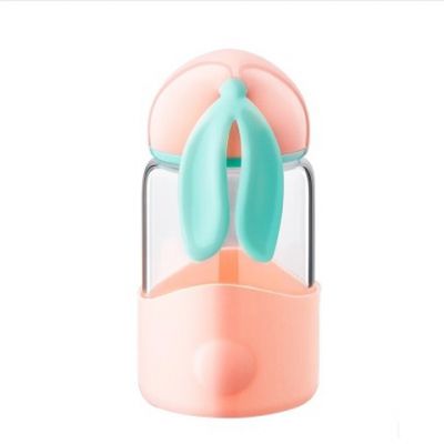 350ml Rabbit Ears Glass Water Bottle With Silicone Sleeve Can Custom