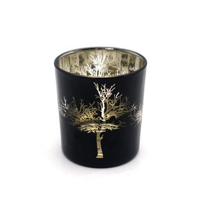 Christmas Tree Decal Electroplate Black Glass Votive Candle Holder
