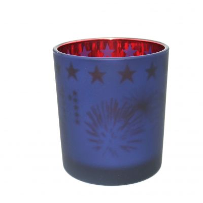 6oz glass jars frosted dark blue color and decal pattern decorated glass votive candle holders