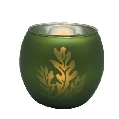 tea light candles with frosted army green colors & laser cut pattern decorated glass votive candle holders