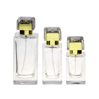 High quality 30ml 50ml 100ml transparent empty glass perfume bottles with aluminum spray cap acrylic lid 