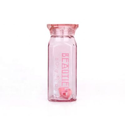 360ml Fashion color hexagon water beverage glass bottle with lid