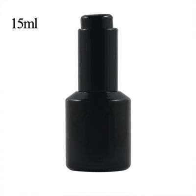 Fast shipping cosmetic packaging 15ml slant shoulder shiny black glass press dropper bottle for essential oil