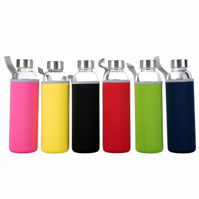 280ml-550ml Colored Sleeve Boro Glass Drinking Bottle Sports Water Bottle with Stainless Steel Cap 