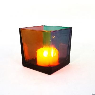 promotion Iridescent Square Rainbow Glass Candle Jar shiny candle holder 21oz