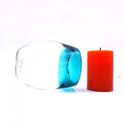 new design ball tealight glass candle holder/blue rim clear glass candle jar 14oz