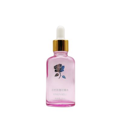 Good Quantity Pink Glass Essential Oil Bottle For Cosmetic 30ml Empty Flat Shape With Dropper