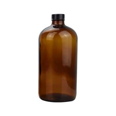 empty large glass bottle round amber glass bottle 1000ml 32oz glass bottles with black plastic screw cap