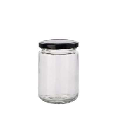 Fancy 300ml 350 ml round storage food clear honey pickle glass jar with metal lid 
