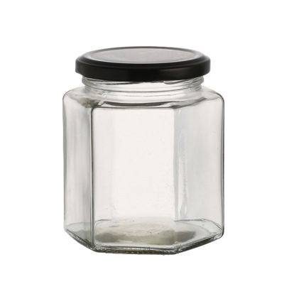 Clear 730 ML food storage empty container glass hexagon pudding jam honey jar with lid 