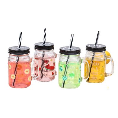Wholesale 16oz 490ML Glass Drinking Jar Wide Mouth with Handle and Straw