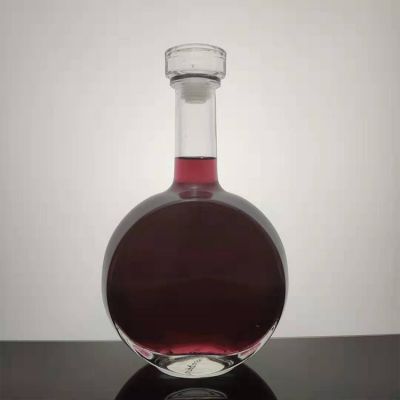 750ml Brandy Wood Lid Printed Round Flat Shaped Liquor Alcohol Spirit Glass Bottle 