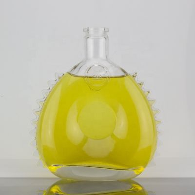 Embossed Unique Shape Cork Sealed Transparent Brandy Glass Bottle 700ml