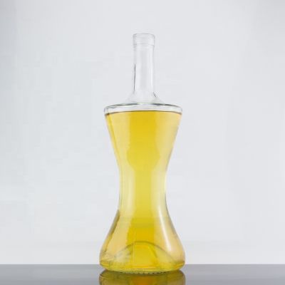 Unique Hourglass Shape Drop Bottom Super Flint Glass Bottle 750 Ml Spirit Cork Stopper Bottle 