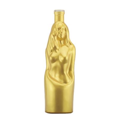 Matt Gold Color Customized Design Unique Shape Liquor Spirits Glass Bottle for Vodka Whiskey With Cork Top 750ml 