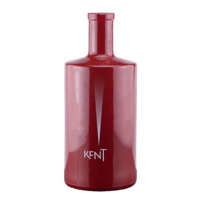 750ml Manufacturer Hot Sale Customized Red Color Screen Printing Round Shape Vodka Whiskey Rum Glass Bottle With Cork Top 