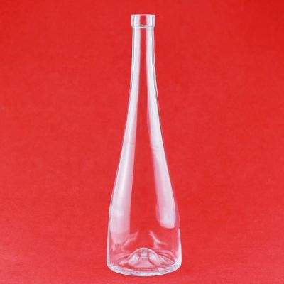 International Standard Good Color Glass Bottle Unique Shape Long Neck Vodka Brandy Spirits Bottle With Cork Cap 