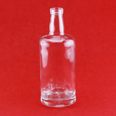 Factory Wholesale Round Shape Unique Neck Embossed Custom Label Whisky Glass Bottle With Cork Cap 