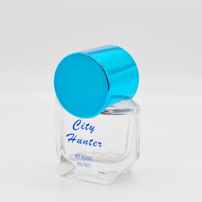 New design flat square 30ml empty spray glass perfume bottles with blue cap