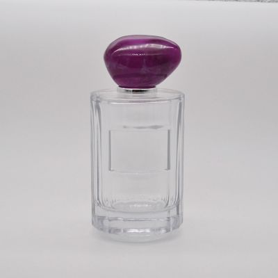 100 ml Empty high quality transparent OEM glass perfume bottle with mist sprayer purple stone cap 