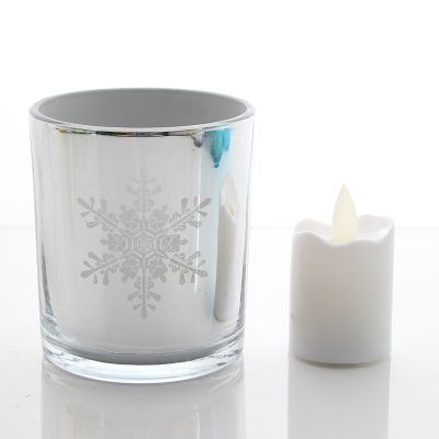 Customized Laser Christmas snow flower pattern glass candle jar honorable Christmas eve gift candle holder