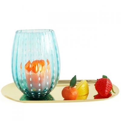 hand blown stemless wine shaped glass candle tumbler 18oz with white spots design