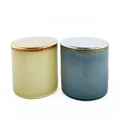 wholesale straight side empty handmade cylinder beige blue glass candle jars with lids