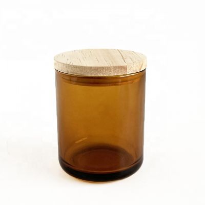 Decorative amber frosted colored glass candle jars with wooden lid 400ml 12oz