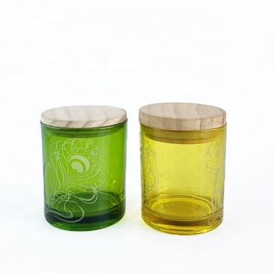 Sandblasted pattern yellow/green glass candle jars with sealed wooden lids for candle making