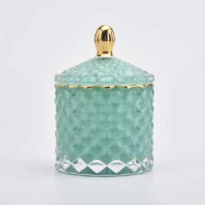 Wholesale 110ml luxury spring green glass diamond effect candle holder with lids for candle making