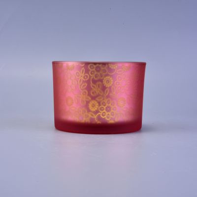 frosted red outside glass candle holder with gold inside, decorative glass candle vessel