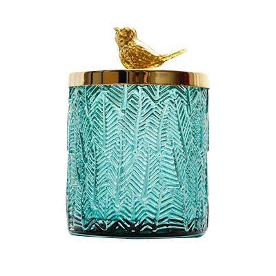 2021new style embossed glass candle jar with tin lid ,empty candle holder with animale handle cover