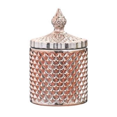 Wholesale Custom Glass Electroplated Relief Candle Jar With Glass Cover/Wedding Candy Tank
