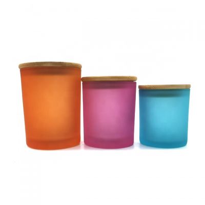 Colorful three size of frosted matte glass empty candle container with wooden/bamboo lid