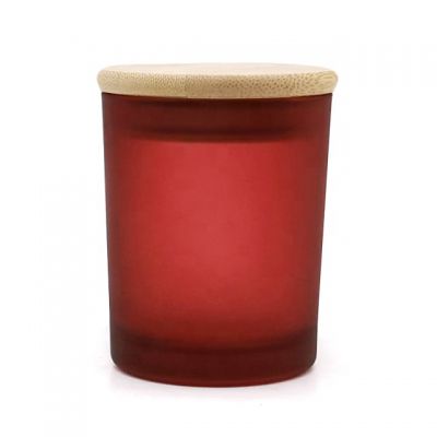 Hot selling red frosted matte empty glass candle container with wood/bamboo lid