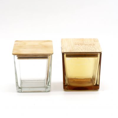 Square Shape Luxury Glass Candle Jar Vessels With Wooden Lid For Home Decor