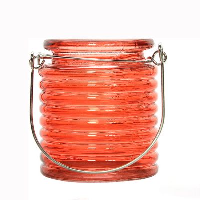 Lantern shaped round red glass candle jars suppliers tealight holder with metal handle
