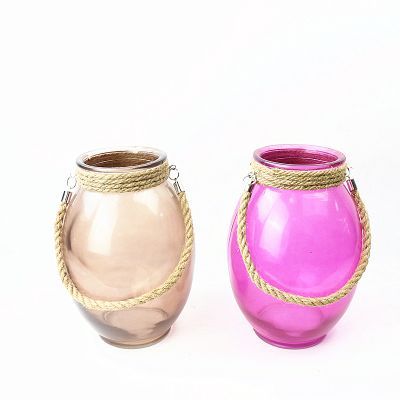 customized glass candle holder glass vase glass lantern with hemp rope