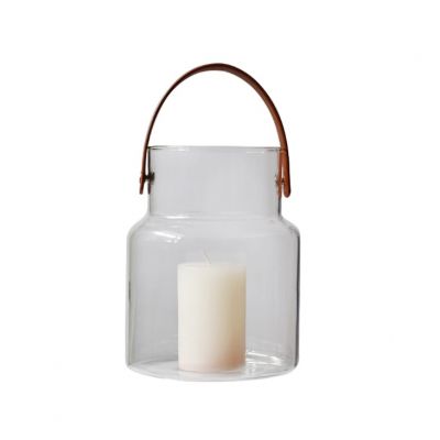 Hanging glass storm lantern glass vase with leather handle