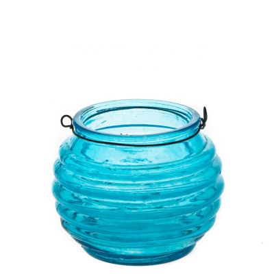 Round Shaped Blue Empty 250ml Candle Jar 8oz glass Candle Holder with Hanging Swing Top