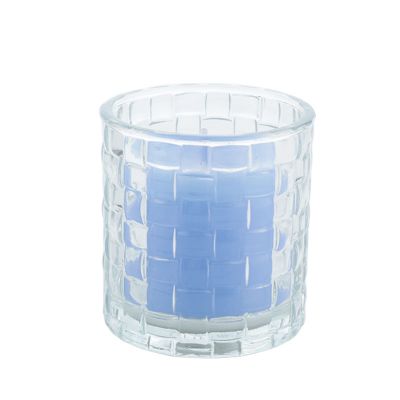 Custom Made Elegant Empty Rattan Plaid Candle Holder Glass Clear Candle Jars For Wedding Decorate