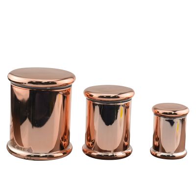 Factory supply different sizes and custom logo available glass rose gold metallic candle container with lids